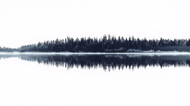 Misty lake with forest reflection creating serene mirror effect in fog
