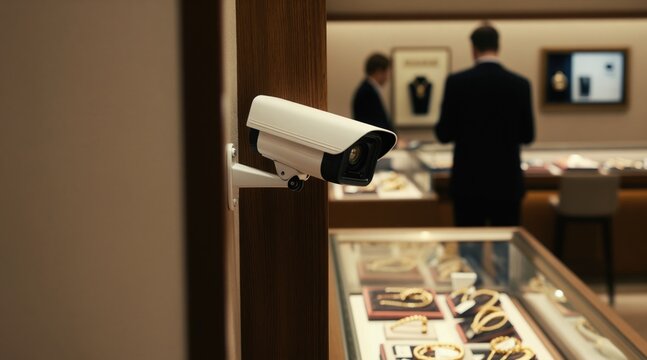 Security camera monitors shop interior and display cases with jewelry. People browse merchandise in background, shoplifting prevention, business protection, loss control tech.