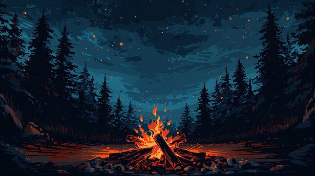 Glowing campfire with orange flames in dark forest clearing under starry night sky outdoor adventure concept