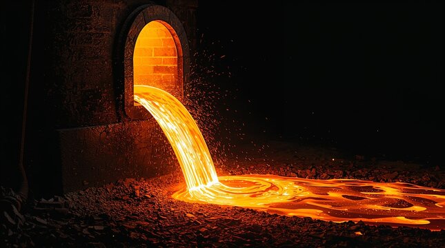 Molten iron pouring from furnace opening with sparks in steel foundry industrial manufacturing process concept