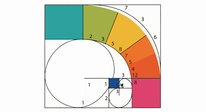Abstract geometric spiral with color squares and numbers illustrating mathematical sequence