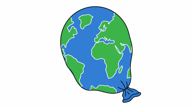 A deflated, stylized planet Earth depicted as a tied balloon