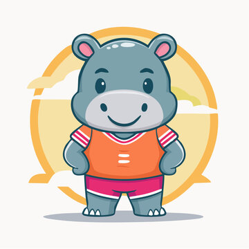 Cute cartoon hippo wearing sports clothes