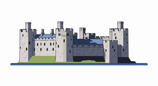 A stoic stone castle with multiple towers and a blue roof sits on green land
