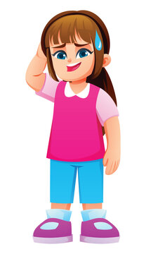 Embarrassed girl scratching head with sweat drop feeling confused or awkward. Vector cartoon character illustration