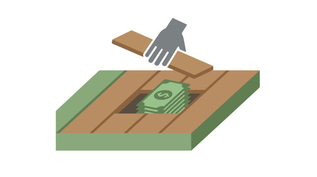 A hand places a wooden plank over a hidden stack of cash