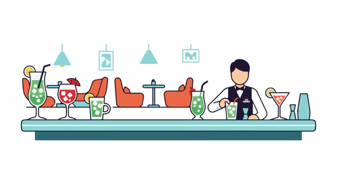 A bartender prepares drinks at a colorful bar with seating