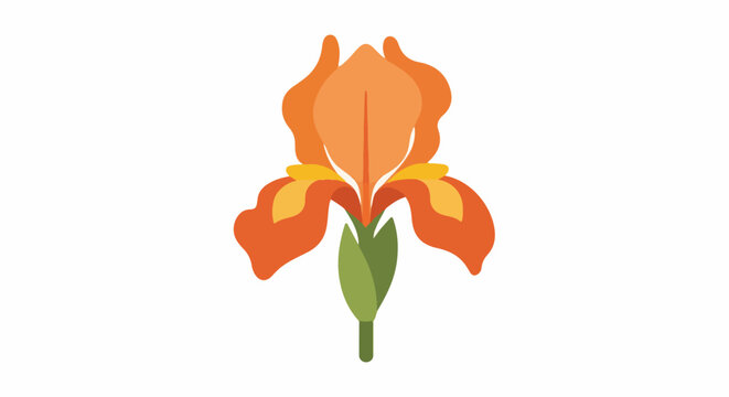 A flat illustration of an orange iris flower with yellow accents and green stem