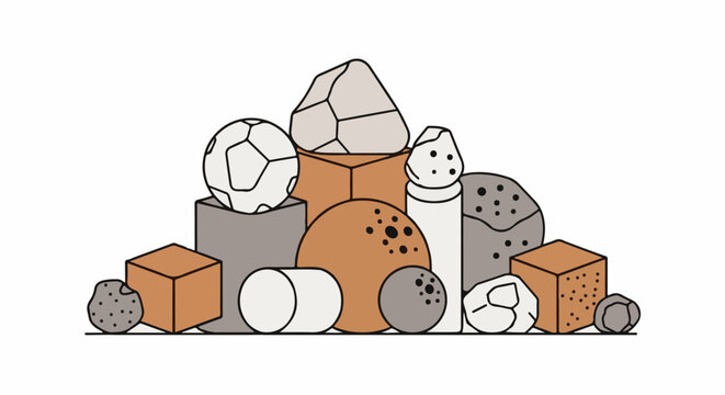 Collection of geometric shapes and textured orbs on a white background