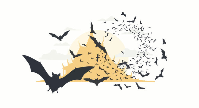 A swarm of dark bats erupts from a golden, temple-like structure at dusk