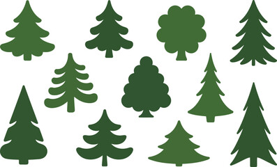 Fototapeta premium A delightful collection of varied green tree silhouettes arranged neatly on a crisp white background