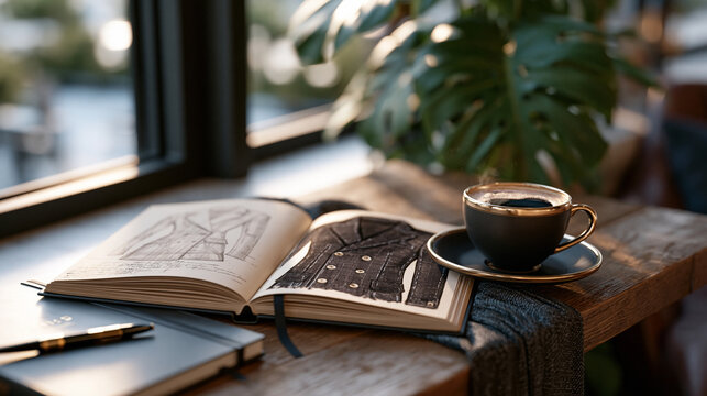 An open fashion sketchbook rests on a sunlit caf&eacute; windowsill, pages showing structured coat designs in graphite and watercolor, a cold espresso cup beside it, perfect for fashion design sketchbook, 
