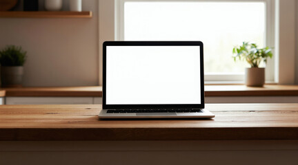 Fototapeta premium Laptop open on a wooden kitchen counter with a blank screen. Light shines from window, creating bright work space. Modern home office setup.