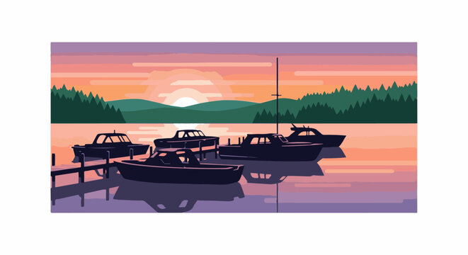 Silhouetted boats rest at a dock during a vibrant pixelated sunset