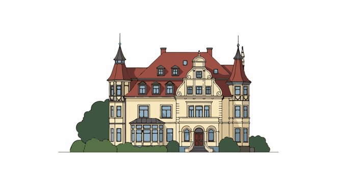A detailed illustration of a multi-story mansion with red gabled roof and towers