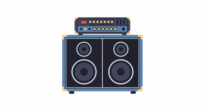 A blue amplifier sits atop a stack of two large speakers