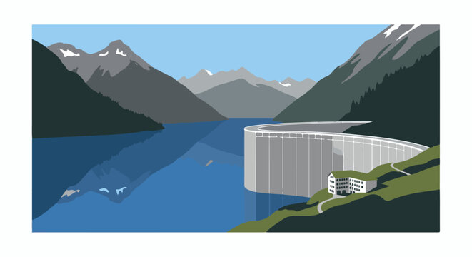 Scenic mountain lake with a large dam and a small building on the shore