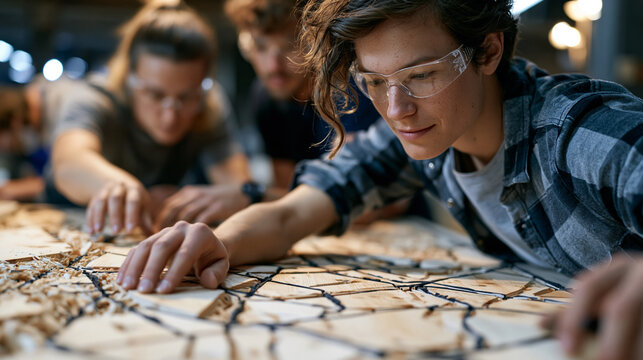 Diverse team of furniture craftspeople assembling flat-pack chairs from FSC-certified pine, workshop floor mapped with cut pieces, safety glasses on every face, ideal for sustainable woodcraft, coll
