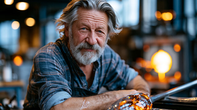 Elderly glassblower at twilight blue hour, molten silica glowing amber inside a Victorian-era furnace, sweat-sheened forearms gripping iron blowpipe, industrial heritage workshop, perfect for artisa