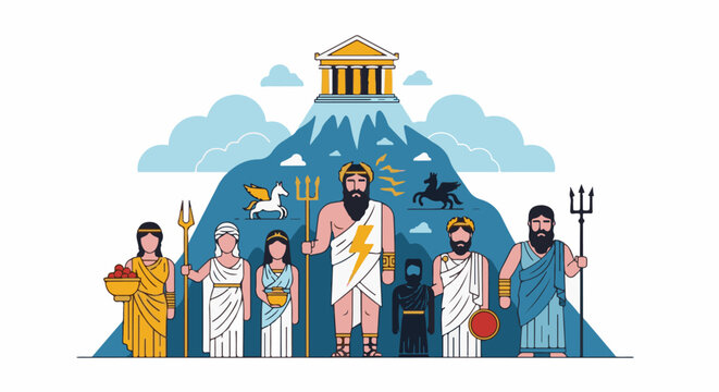 Ancient Greek deities and mythical creatures gather before a mountain temple