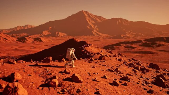 Astronaut walks across red rocky surface of Mars. Unique Martian landscape with distant mountains. Concept of space exploration, science fiction, astronomy, and technology
