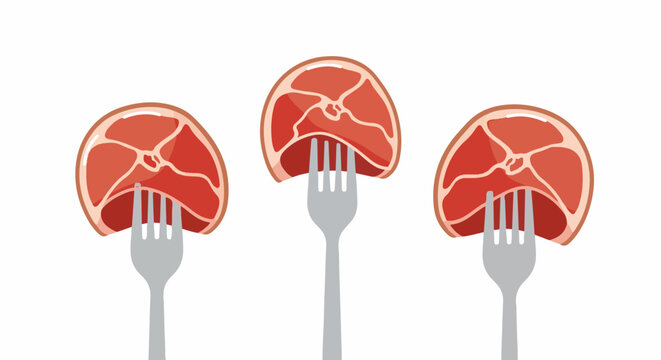 Three raw meat slices impaled on silver forks against a white background