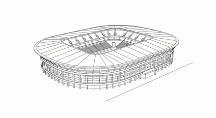 Obraz premium Modern architectural line drawing of a large, elliptical sports stadium with tiered seating, floodlights, and an open field, viewed from a high angle on a white background.