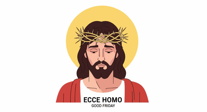 Sad Jesus figure wearing a crown of thorns, with halo and text