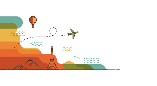 Travel around the world: airplane, hot air balloon, Eiffel Tower, pyramids, colorful abstract background