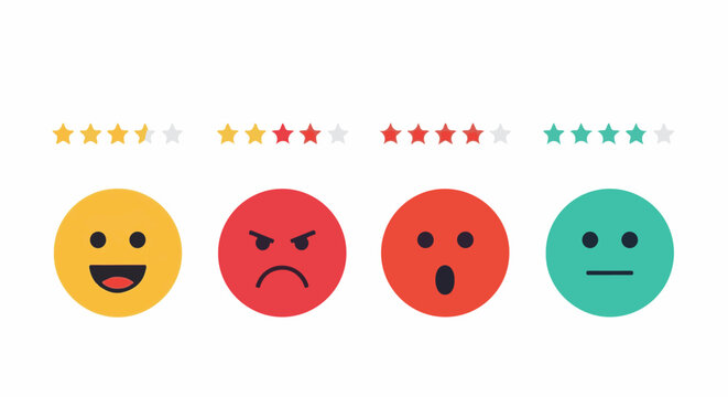 Diverse emoticons with corresponding star ratings, showing varied emotions