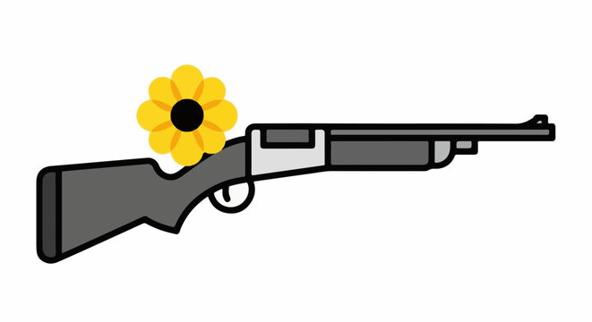 A stylized shotgun with a yellow flower against a white background