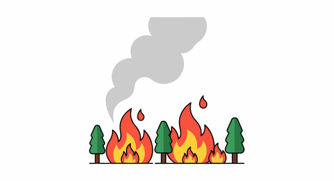 Forest fire with flames, smoke, and trees on a white background