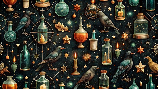 Mystical Alchemy Pattern Featuring Birds and Magical Potion Bottles on Starry Background