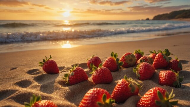 Fresh strawberries scattered on sandy beach at sunset, waves gently lapping in the background