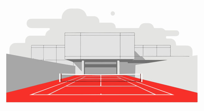 A flat-design illustration of a red tennis court with a net, facing a stadium