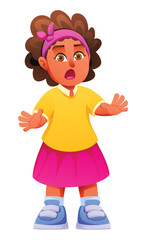 Fototapeta premium Surprised little girl standing with mouth open and hands out in a shocked expression. Vector cartoon character illustration