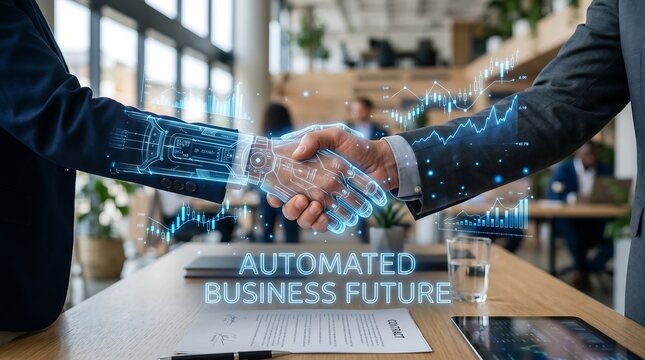 Business handshake, automated future, corporate partnership, technology integration