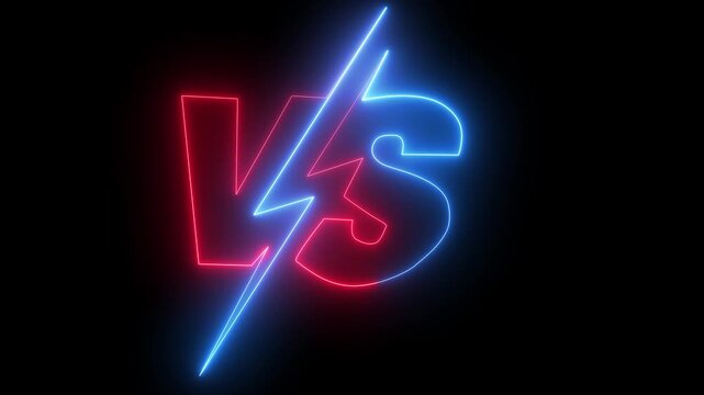 Neon versus battle screen with two glowing green letters v and s and a vibrant pink lightning bolt separating them animated against dark background motion graphic 4K video.