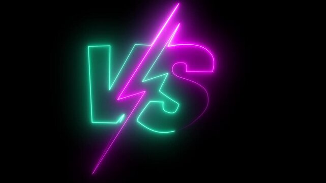 Neon versus battle screen with two glowing green letters v and s and a vibrant pink lightning bolt separating them animated against dark background motion graphic 4K video.