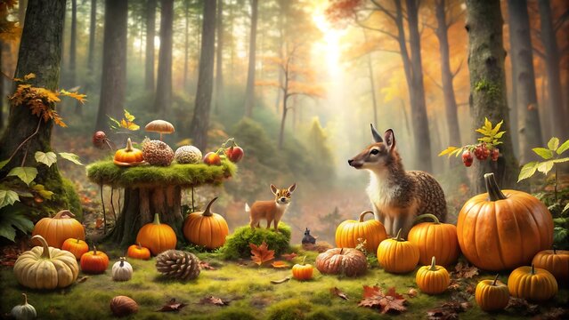 Autumn forest scene with pumpkins animals and magical mushrooms