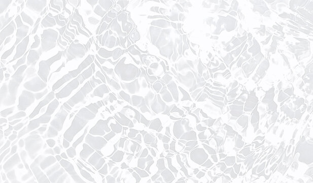Transparent white water ripple surface with sunlight reflections, splashing bubbles. Abstract clear waves, blurred texture with glowing light effects for cosmetic mockup, spa summer background