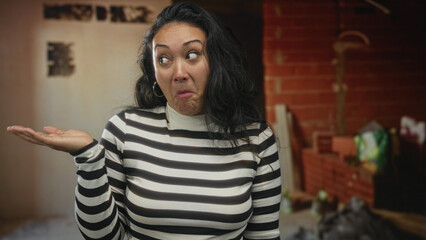 Fototapeta premium Young hispanic woman wearing striped sweater shrugs with both palms up among construction bricks inside a building; confusion doubt.