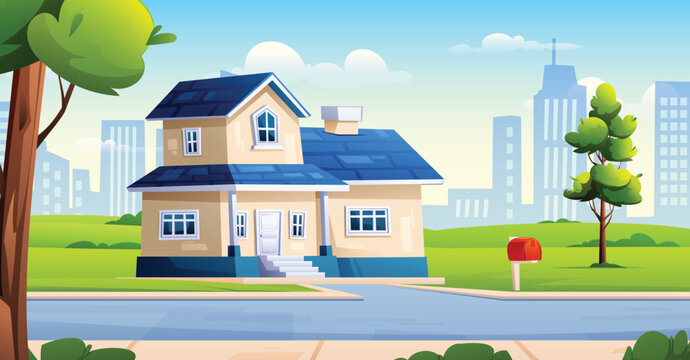 Modern two story family house with blue roof and green lawn in sunny suburban area. Vector cartoon illustration