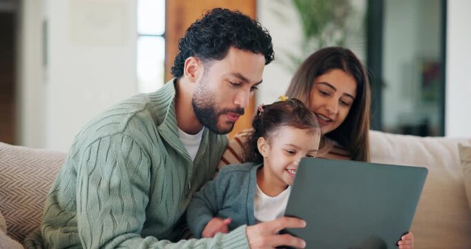 Happy family, laptop and sofa with child in home for early childhood development or interaction. Mom, dad and toddler with computer for bonding, subscription or online entertainment together in house