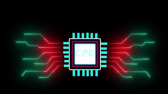 Cyan Circuit Board Microchip on Black Background technology neon line Computer processor icon, digital CPU icon isolated . 4k animation
