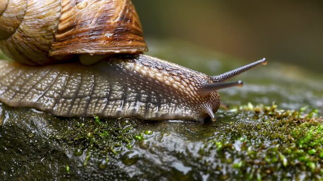 Snail moves gracefully across green moss showcasing detailed shell and soft body. Natural outdoor setting with vibrant colors. Concept of nature observation, wildlife photography, ecology education