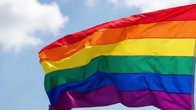 Rainbow flag waving against a bright blue sky with white clouds, symbolizing pride, equality, inclusivity, diversity, unity, and social progress for community