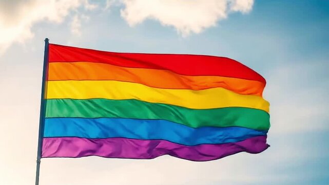 Rainbow flag waving against a bright blue sky, representing pride, inclusivity, diversity, equality, human rights, and social progress for the LGBTQ community