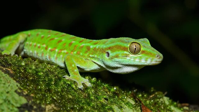 Green lizard perches on mossy branch in lush green environment. Detailed texture of moss and vivid colors create engaging atmosphere. Concept of wildlife, nature exploration, ecological studies