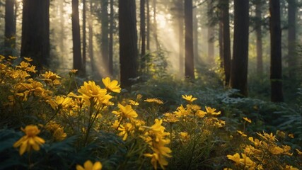 Fototapeta premium Sunlight filters through tall trees in a serene forest, illuminating vibrant yellow flowers in bloom